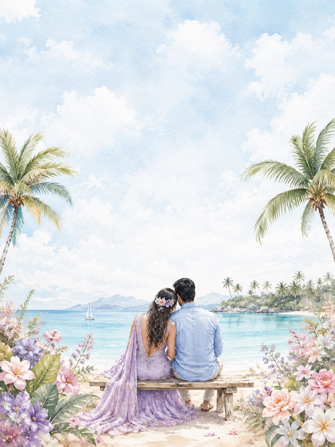 Watercolour tropical beach with a couple seated by the ocean