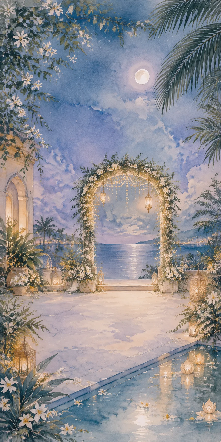 Watercolor moonlit garden beside the sea